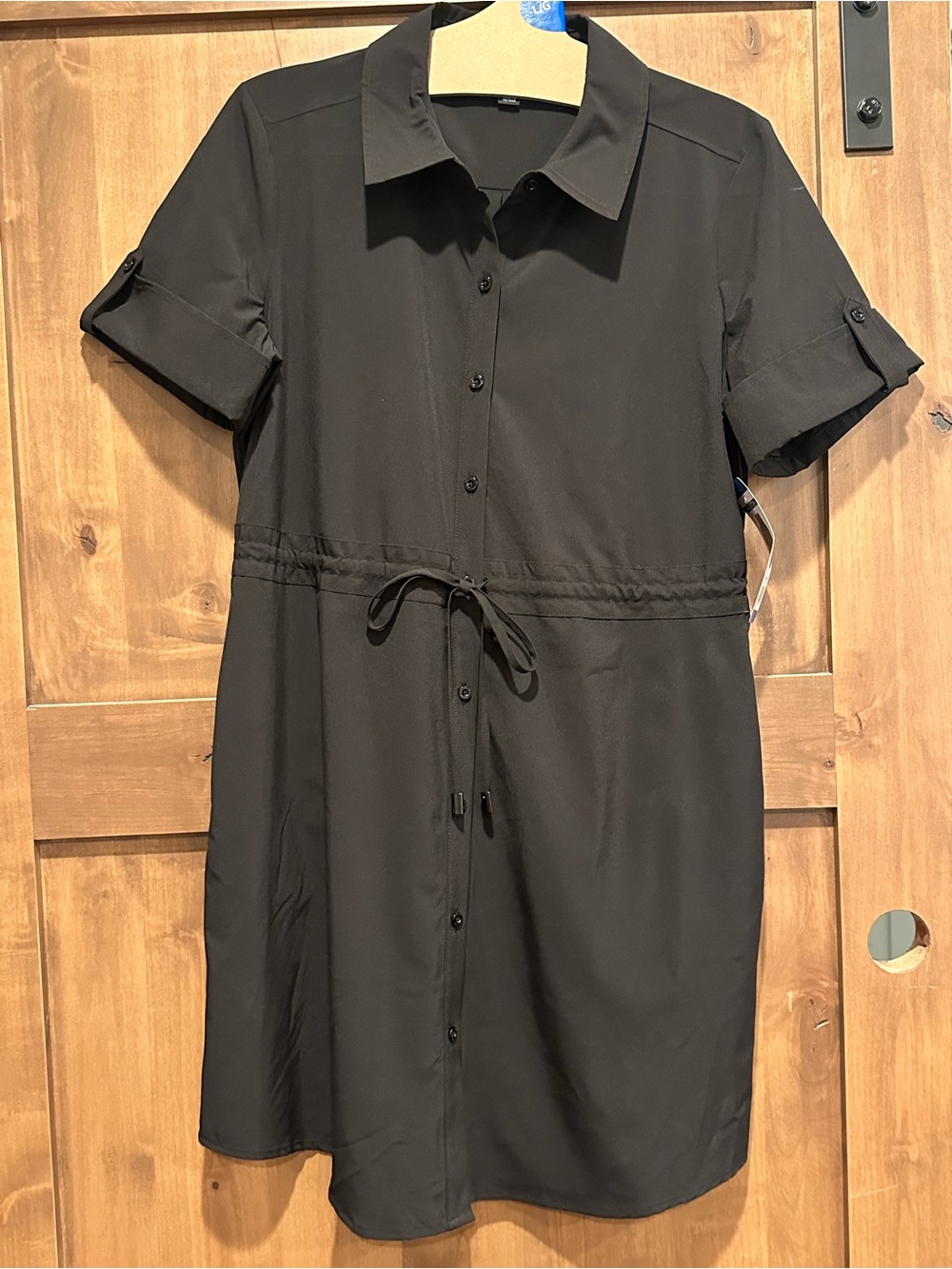 Classic Black Shirt Midi Dress with Drawstring Waist size Large